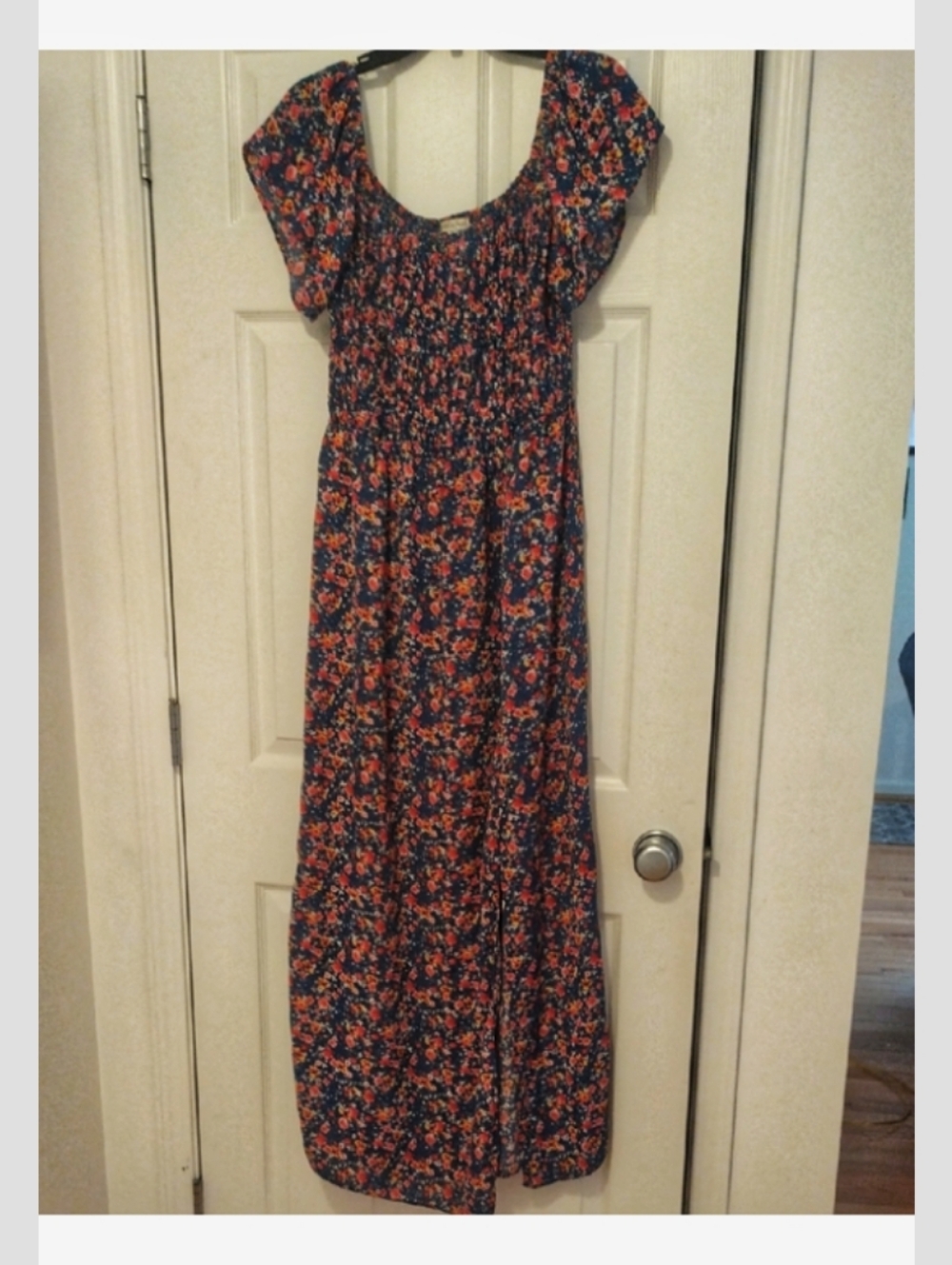 Floral Blue Maxi Dress with Butterfly Sleeves Smocked Bodice & Side Slit